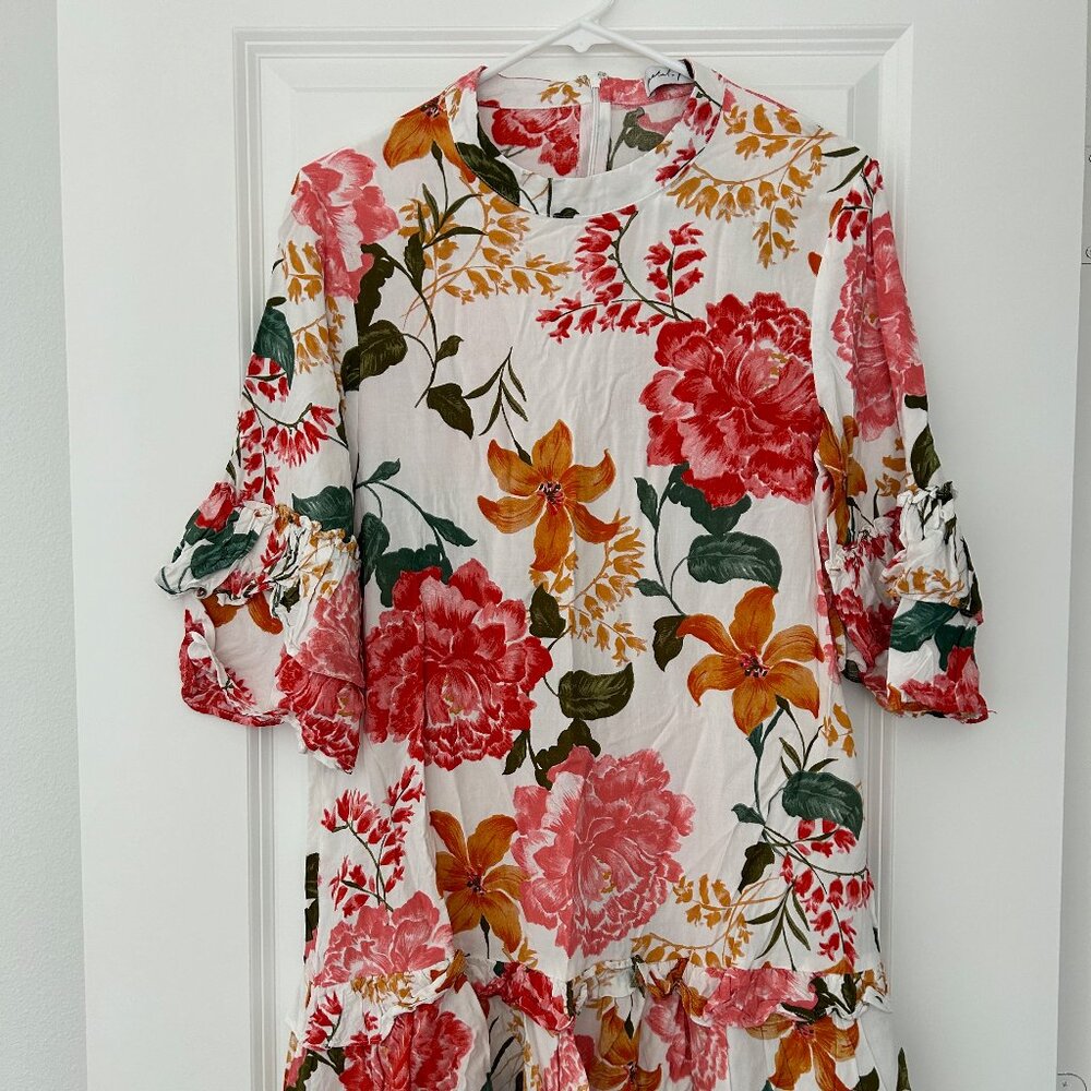 Pink and Gold Floral Petal & Pup Ruffle Sleeve Dress